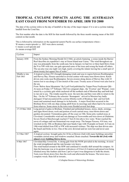 Tropical Cyclone Impacts Along the Australian East Coast from November to April 1858 to 2000