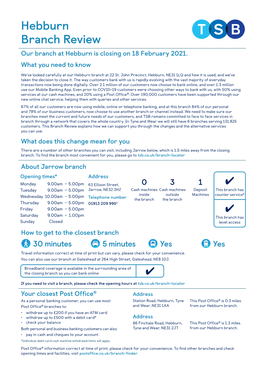 Hebburn Branch Review Our Branch at Hebburn Is Closing on 18 February 2021