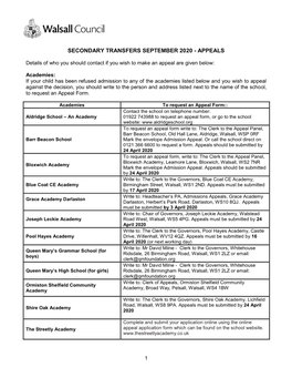 Secondary Transfers – September 2005