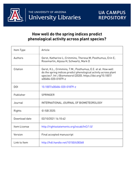 How Well Do the Spring Indices Predict Phenological Activity Across Plant Species?