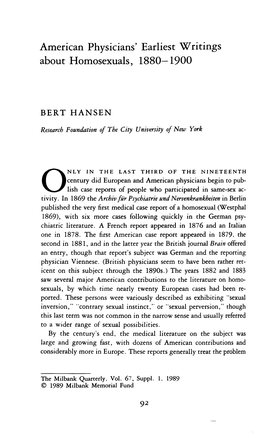 American Physicians' Earliest Writings About Homosexuals, 1880—1900