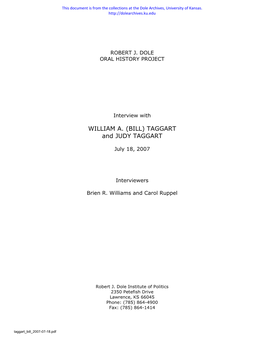 Bill Taggart Oral History About Bob Dole