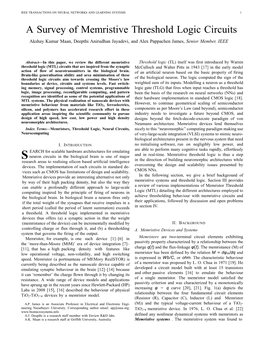 A Survey of Memristive Threshold Logic Circuits Akshay Kumar Maan, Deepthi Anirudhan Jayadevi, and Alex Pappachen James, Senior Member, IEEE