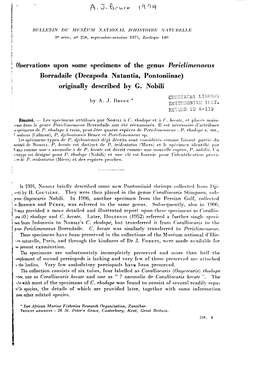 (Decapoda Natanlia, Pontoniinae) Originally Described by G