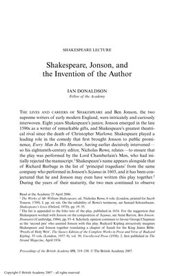 Shakespeare, Jonson, and the Invention of the Author