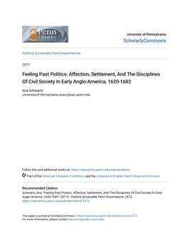 Feeling Past Politics: Affection, Settlement, and the Disciplines of Civil Society in Early Anglo-America, 1620-1682