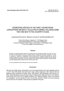 Interesting Species of the Family Geometridae (Lepidoptera) Recently Collected in Serbia, Including Some That Are New to the Country’S Fauna