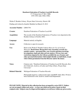 Dearborn Federation of Teachers Local 681 Records 37.75 Linear Feet (37 SB, 2 MB) 1939-1995, Bulk 1960S-1980S