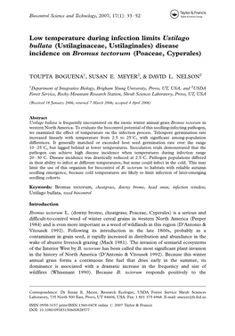 Low Temperature During Infection Limits Ustilago Bullata (Ustilaginaceae, Ustilaginales) Disease Incidence on Bromus Tectorum (Poaceae, Cyperales)