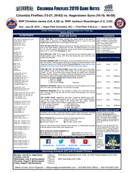 Columbia Fireflies 2019 Game Notes