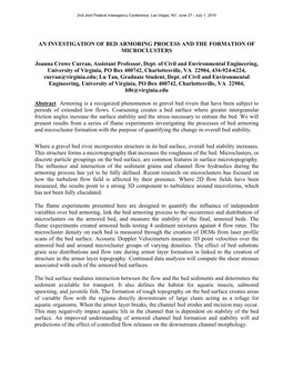 AN INVESTIGATION of BED ARMORING PROCESS and the FORMATION of MICROCLUSTERS Joanna Crowe Curran, Assistant Professor, Dept. of C