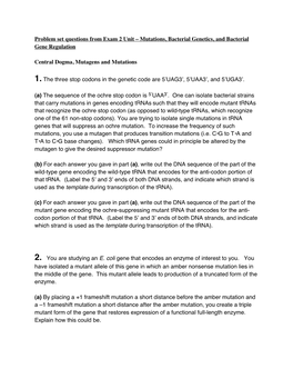 Problem Set Questions from Exam 2 Unit – Mutations, Bacterial Genetics, and Bacterial Gene Regulation