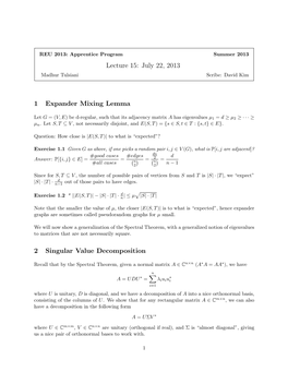 Lecture 15: July 22, 2013 1 Expander Mixing Lemma 2 Singular Value