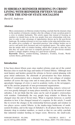 IS SIBERIAN REINDEER HERDING in CRISIS? LIVING with REINDEER FIFTEEN YEARS AFTER the END of STATE SOCIALISM David G