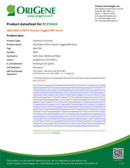 ING3 (NM 019071) Human Tagged ORF Clone Product Data