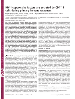 HIV-1-Suppressive Factors Are Secreted by CD4 T Cells During