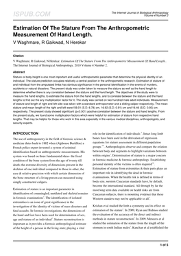 Estimation of the Stature from the Anthropometric Measurement of Hand Length