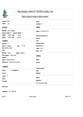 Mapa Geológico Y Minero E.1: 400.000 De Castilla Y León Base De Datos De Minas E Indicios Mineros