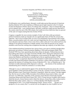 Economic Inequality and White-Collar Government Nicholas Carnes Assistant Professor of Public Policy Sanford School of Public Po