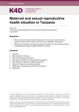Maternal and Sexual Reproductive Health Situation in Tanzania