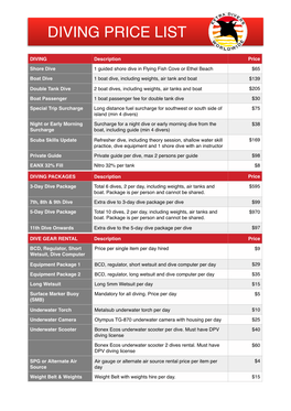 Diving, Retail & Service Price List 2018