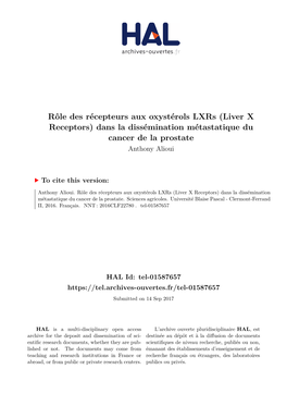 Rôle Des Récepteurs Aux Oxystérols Lxrs (Liver X Receptors) Dans La Dissémination Métastatique Du Cancer De La Prostate Anthony Alioui