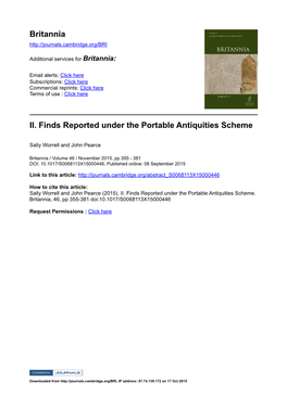 Britannia II. Finds Reported Under the Portable Antiquities Scheme