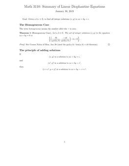 Math 3110: Summary of Linear Diophantine Equations January 30, 2019