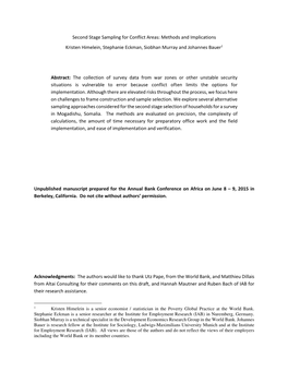 Second Stage Sampling for Conflict Areas: Methods and Implications Kristen Himelein, Stephanie Eckman, Siobhan Murray and Johannes Bauer 1