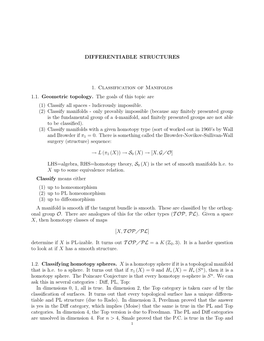 DIFFERENTIABLE STRUCTURES 1. Classification of Manifolds 1.1