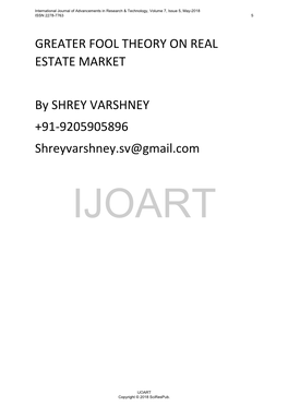 GREATER FOOL THEORY on REAL ESTATE MARKET by SHREY VARSHNEY +91-9205905896 Shreyvarshney.Sv@Gmail.Com