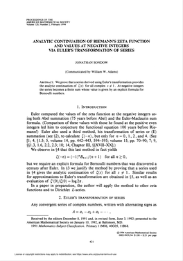 Analytic Continuation of Riemann's Zeta Function and Values at Negative Integers Via Euler's Transformation of Series