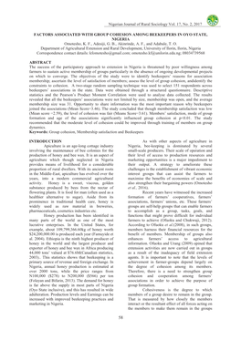 FACTORS ASSOCIATED with GROUP COHESION AMONG BEEKEEPERS in OYO STATE, NIGERIA Omotesho, K