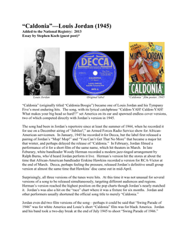 Caldonia”—Louis Jordan (1945) Added to the National Registry: 2013 Essay by Stephen Koch (Guest Post)*