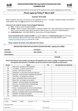 Application Form for Callywith College Bus Pass Summer 2020