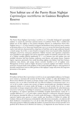 Nest Habitat Use of the Puerto Rican Nightjar Caprimulgus Noctitherus in Gua´Nica Biosphere Reserve