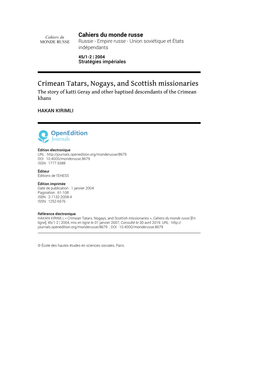 Crimean Tatars, Nogays, and Scottish Missionaries the Story of Katti Geray and Other Baptised Descendants of the Crimean Khans