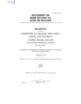 Reauthorizing the Higher Education Act: Access and Innovation Hearing