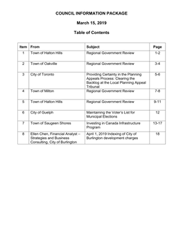 COUNCIL INFORMATION PACKAGE March 15, 2019 Table of Contents