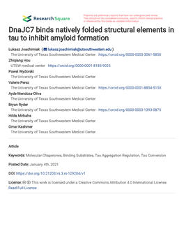 Dnajc7 Binds Natively Folded Structural Elements in Tau to Inhibit Amyloid Formation