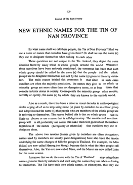 New Ethnic Names for the Tin of Nan Province