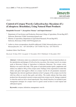 Control of Cowpea Weevil, Callosobruchus Maculatus (F.) (Coleoptera: Bruchidae), Using Natural Plant Products