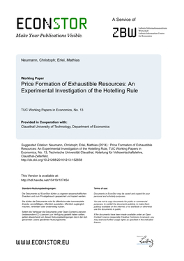 Price Formation of Exhaustible Resources: an Experimental Investigation of the Hotelling Rule