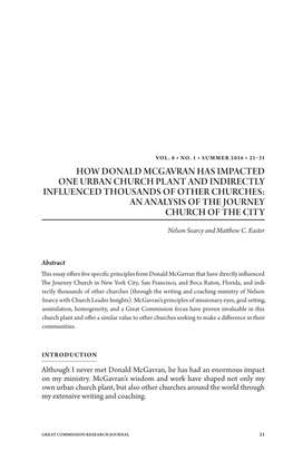HOW DONALD MCGAVRAN HAS IMPACTED ONE URBAN CHURCH PLANT and INDIRECTLY INFLUENCED THOUSANDS of OTHER CHURCHES: an Analysis of the Journey Church of the City