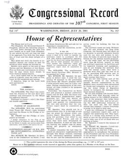 Congressional Record United States Th of America PROCEEDINGS and DEBATES of the 107 CONGRESS, FIRST SESSION