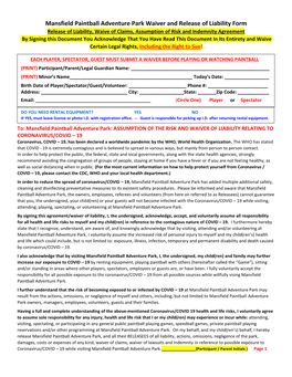 Mansfield Paintball Adventure Park Waiver and Release of Liability Form