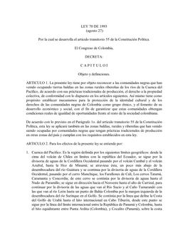 LEY 70 DE 1993 (Agosto 27) Por La Cual Se Desarrolla El Artículo Transitorio 55 De La Constitución Políti