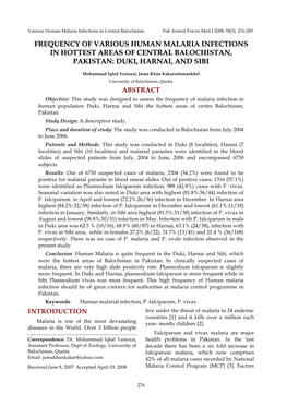 Frequency of Various Human Malaria Infections in Hottest Areas of Central Balochistan, Pakistan: Duki, Harnai, and Sibi
