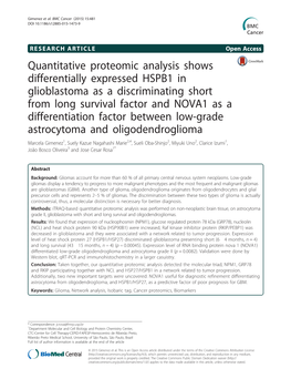 Quantitative Proteomic Analysis Shows Differentially Expressed HSPB1 In