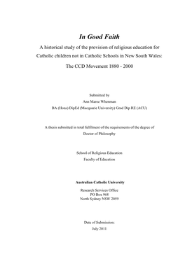 In Good Faith a Historical Study of the Provision of Religious Education for Catholic Children Not in Catholic Schools in New South Wales